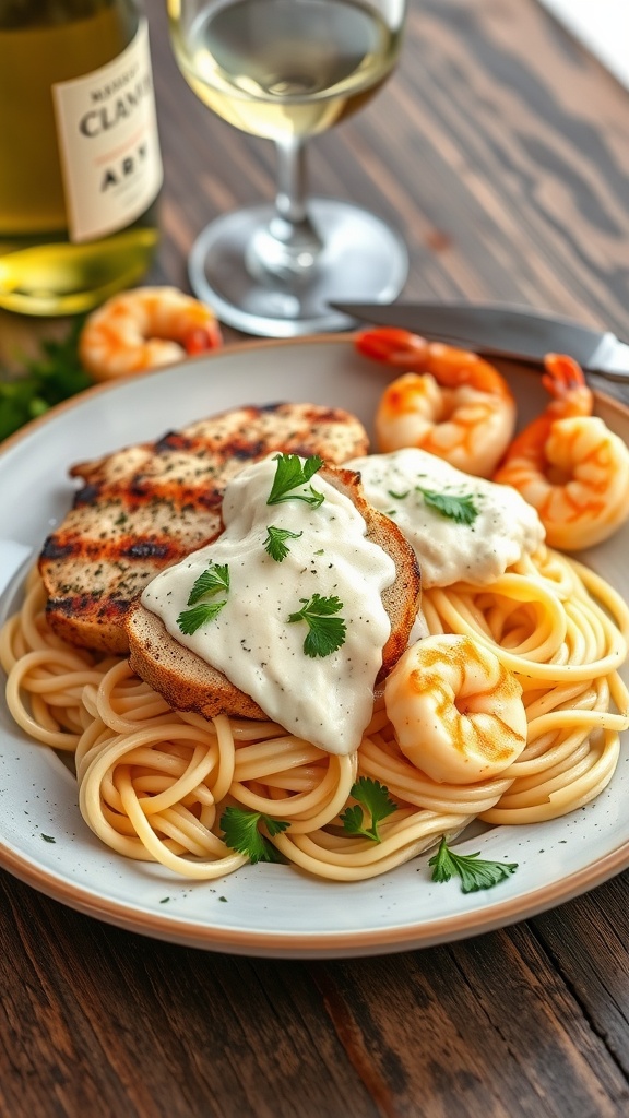 Savory Chicken Alfredo and Garlic Butter Shrimp Dinner Plates Dinner plate with chicken alfredo pasta and garlic butter shrimp, garnished with parsley.